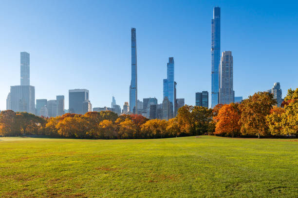 Central Park Sheep Meadow. Fall foliage and iconic skyscapers of Billionaires' Row in Manhattan, New York City