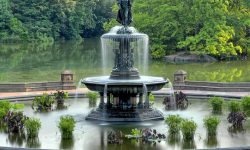 Bethesda Terrace and Fountain are two architectural features overlooking The Lake in New York City's Central Park.