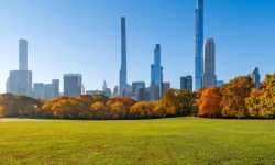 Central Park Sheep Meadow. Fall foliage and iconic skyscapers of Billionaires' Row in Manhattan, New York City